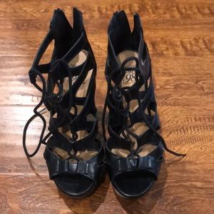 Black lace up block heel sandals. Size 6.5